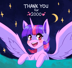 Size: 1459x1383 | Tagged: safe, artist:mrscroup, character:twilight sparkle, character:twilight sparkle (alicorn), species:alicorn, species:pony, g4, blushing, looking at you, moon, open mouth, open smile, smiling, solo, spread wings, stars, text, wings