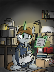 Size: 920x1230 | Tagged: safe, artist:derpiwolf, oc, oc only, oc:littlepip, species:pony, species:unicorn, fallout equestria, g4, book, clothing, crossover, fallout, fanfic, fanfic art, female, glowing horn, hooves, horn, instructions, levitation, magic, mare, pipbuck, reading, sitting, solo, telekinesis, toaster, toaster repair pony, vault suit