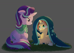 Size: 1280x922 | Tagged: safe, artist:bearmation, character:starlight glimmer, oc, parent:starlight glimmer, parent:sunburst, species:pony, species:unicorn, g4, coat markings, colt, female, grass, implied starburst, looking at each other, male, mare, offspring, profile, sitting, socks (coat marking), sunburst's robe