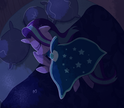 Size: 1280x1119 | Tagged: safe, artist:bearmation, character:starlight glimmer, species:pony, species:unicorn, g4, bed, clothing, crying, implied death, implied shipping, implied starburst, implied straight, night, robe, sad, shipping, starlight wearing sunburst's robe, sunburst's cloak