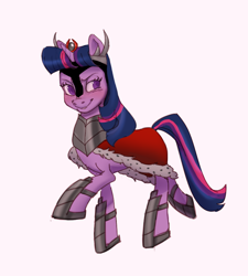 Size: 748x831 | Tagged: safe, artist:gloomy-doom, character:twilight sparkle, character:twilight sparkle (unicorn), species:pony, species:unicorn, g4, accessory swap, armor, blushing, cape, clothing, corrupted, corrupted twilight sparkle, crown, evil twilight, female, jewelry, mare, regalia, simple background, solo, sombra's cape, white background