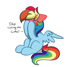 Size: 3717x3519 | Tagged: safe, artist:kittyrosie, character:rainbow dash, species:pegasus, species:pony, g4, adorable distress, blushing, blushing profusely, cross-popping veins, cute, dashabetes, dialogue, female, head in hooves, high res, i'm not cute, mare, simple background, sitting, solo, spread wings, talking to viewer, tsunderainbow, tsundere, vein, white background, wings