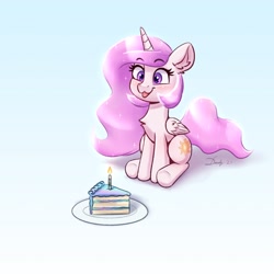 Size: 2232x2232 | Tagged: safe, artist:dandy, character:princess celestia, species:alicorn, species:pony, g4, alternate hair color, blep, cake, candle, cutie mark, female, folded wings, food, mare, pink-mane celestia, plate, smiling, solo, tail, tongue out, wingding eyes, wings
