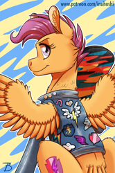 Size: 1101x1656 | Tagged: safe, artist:inuhoshi-to-darkpen, character:scootaloo, species:pegasus, species:pony, g4, abstract background, cheek fluff, clothing, ear fluff, fluffy, jacket, leg fluff, looking at you, looking back, looking back at you, patch, profile, scooting, skateboard, solo, spread wings, wing fluff, wings