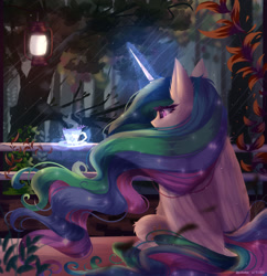 Size: 1280x1320 | Tagged: safe, artist:justkattyo, character:princess celestia, species:alicorn, species:pony, g4, cup, female, forest, glowing horn, horn, lamp, lantern, magic, mare, night, profile, rear view, sitting, solo, teacup, telekinesis, tree