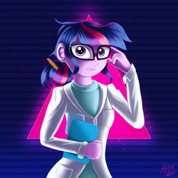Size: 1500x1500 | Tagged: safe, artist:jphyperx, character:twilight sparkle, character:twilight sparkle (scitwi), species:eqg human, equestria girls:rainbow rocks, g4, my little pony: equestria girls, my little pony:equestria girls, abstract background, clothing, coat, dress, glasses, lab coat, looking at you, pencil, retrowave, scientist, signature, simple background, solo, synthwave, triangle