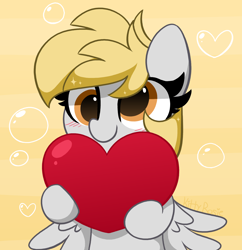 Size: 3512x3632 | Tagged: safe, artist:kittyrosie, character:derpy hooves, species:pegasus, species:pony, g4, abstract background, blushing, bubble, cute, derpabetes, digital art, female, heart, high res, hoof hold, mare, signature, smiling, solo, sparkles