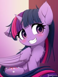 Size: 1350x1800 | Tagged: safe, artist:symbianl, character:twilight sparkle, character:twilight sparkle (alicorn), species:alicorn, species:pony, episode:to where and back again, g4, my little pony: friendship is magic, blushing, cheek fluff, chest fluff, cute, ear fluff, floppy ears, fluffy, grin, leg fluff, one ear down, scene interpretation, signature, sitting, smiling, solo, sparkly eyes, three quarter view, twiabetes, wing fluff, wingding eyes, wings