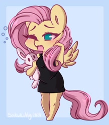 Size: 1460x1680 | Tagged: safe, artist:sakukitty, character:fluttershy, species:anthro, species:pegasus, species:rabbit, species:unguligrade anthro, g4, animal, blushing, clothing, cute, dress, female, no pupils, one eye closed, open mouth, plushie, shyabetes, signature, simple background, sleepy, sleeveless, solo, teary eyes, three quarter view, toy