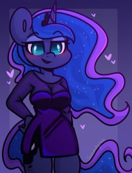 Size: 1231x1621 | Tagged: safe, artist:sakukitty, character:princess luna, species:alicorn, species:anthro, g4, blushing, breasts, cleavage, clothing, colored pupils, cutie mark, dress, hand, hand on hip, heart, hips, lidded eyes, simple background, smiling, solo