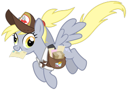 Size: 1280x906 | Tagged: safe, artist:sketchmcreations, character:derpy hooves, species:pegasus, species:pony, episode:the last problem, g4, my little pony: friendship is magic, bag, bags under eyes, clothing, cute, derpabetes, digital art, female, flying, happy, hat, holding, letter, mail, mailmare, mare, mouth hold, older, older derpy hooves, ponytail, saddle bag, simple background, smiling, spread wings, transparent background, vector, wings