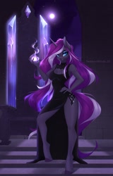 Size: 1308x2048 | Tagged: safe, artist:u_lu_lu, character:nightmare rarity, character:rarity, species:anthro, species:unguligrade anthro, species:unicorn, g4, clothing, commission, crystal, cutie mark, dress, explicit source, eyeshadow, female, hand, hand on hip, hips, horn, looking at you, magic, makeup, mare, one leg raised, solo, tail