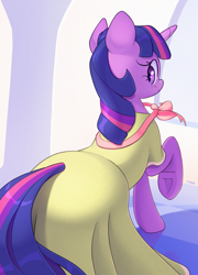 Size: 1798x2500 | Tagged: safe, artist:nookprint, character:twilight sparkle, character:twilight sparkle (unicorn), species:pony, species:unicorn, episode:sweet and elite, g4, my little pony: friendship is magic, beautiful, birthday dress, clothing, dress, looking back, raised hoof, solo, underhoof