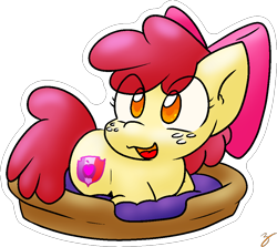 Size: 946x844 | Tagged: safe, artist:zutcha, character:apple bloom, species:earth pony, species:pony, g4, apple family member, bed, behaving like a cat, behaving like a dog, eye clipping through hair, female, filly, freckles, lying down, open mouth, open smile, ponyloaf, prone, simple background, smiling, solo, transparent background, young