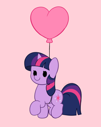 Size: 3056x3831 | Tagged: safe, artist:kittyrosie, character:twilight sparkle, character:twilight sparkle (unicorn), species:pony, species:unicorn, g4, balloon, beady eyes, cute, digital art, female, floating, heart balloon, mare, pink background, simple background, smiling, smol, solo, twiabetes