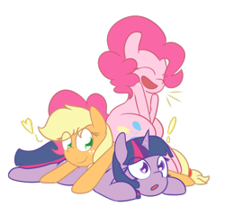 Size: 1050x960 | Tagged: safe, artist:mr-degration, character:applejack, character:pinkie pie, character:twilight sparkle, character:twilight sparkle (unicorn), species:earth pony, species:pony, species:unicorn, g4, cute, diapinkes, jackabetes, lying down, pile, pony pile, prone, simple background, sitting, sitting on pony, snuggling, transparent background, twiabetes