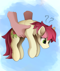 Size: 900x1064 | Tagged: safe, artist:yakovlev-vad, character:roseluck, species:earth pony, species:human, species:pony, g4, abstract background, behaving like a cat, behaving like a dog, confused, disembodied hand, eye clipping through hair, female, hand, it's dangerous to go alone, mare, offscreen character, question mark, simple background