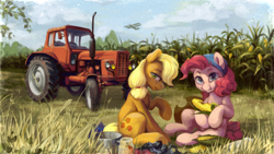 Size: 2560x1440 | Tagged: safe, artist:jewellier, character:applejack, character:pinkie pie, species:earth pony, species:pony, g4, bandana, biplane, bucket, clothing, corn, cornfield, duo, duo female, eating, female, food, jar, mare, plane, profile, raised hoof, signature, sitting, tractor