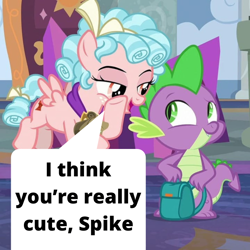Size: 720x720 | Tagged: safe, edit, edited screencap, screencap, character:cozy glow, character:spike, species:dragon, species:pegasus, species:pony, episode:school raze, g4, my little pony: friendship is magic, cozyspike, dialogue, female, filly, shipping, young