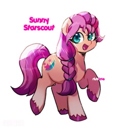 Size: 1263x1263 | Tagged: safe, artist:riukime, character:sunny starscout, species:earth pony, species:pony, g5, braid, cute, female, looking at you, mare, open mouth, raised hoof, simple background, solo, sunnybetes, text, unshorn fetlocks, white background