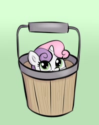 Size: 1492x1892 | Tagged: safe, artist:heretichesh, character:sweetie belle, species:pony, species:unicorn, g4, bucket, cute, diasweetes, female, filly, green background, peeking, simple background, solo, young