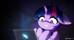 Size: 2750x1500 | Tagged: safe, artist:symbianl, character:twilight sparkle, character:twilight sparkle (alicorn), species:alicorn, species:pony, g4, blurred background, cheek fluff, computer, crying, ear fluff, floppy ears, fluffy, hooves, hooves to the chest, laptop computer, leg fluff, scared, signature, solo, tears of fear, teary eyes, wing fluff, wings
