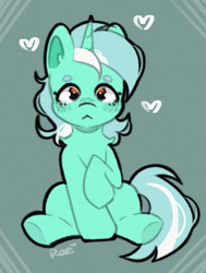 Size: 587x776 | Tagged: safe, artist:kokoaapuff, character:lyra heartstrings, species:pony, species:unicorn, g4, :<, beanbrows, eyebrows, female, frown, heart, mare, sitting, solo