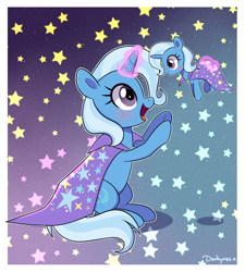 Size: 1800x2000 | Tagged: safe, artist:darkynez, character:trixie, species:pony, species:unicorn, g4, blushing, cape, clothing, glowing horn, levitation, magic, open mouth, open smile, original species, plush pony, plushie, profile, smiling, stars, telekinesis, toy, trixie's cape