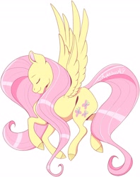 Size: 3250x4096 | Tagged: safe, artist:mapleicious, artist:mapleiciousmlp, character:fluttershy, species:pegasus, species:pony, g4, colored hooves, design, eyes closed, female, hooves, long mane, profile, shirt design, signature, simple background, smiling, solo, speedpaint available, spread wings, white background, wings
