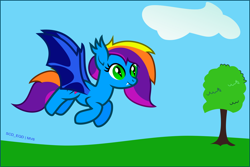 Size: 1444x967 | Tagged: safe, artist:s-class-destroyer, oc, oc only, oc:elyssiánne, species:bat pony, species:pony, g4, cloud, digital art, ear fluff, female, flying, grass, happy, legs in air, raised hoof, raised tail, sky, smiling, solo, solo female, tail, tree, vector