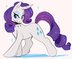 Size: 1618x1316 | Tagged: safe, artist:jboppity, character:rarity, species:pony, species:unicorn, g4, curved horn, female, horn, jewelry, lidded eyes, mare, necklace, simple background, smiling, solo, sparkles, unshorn fetlocks, white background