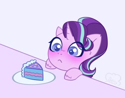 Size: 1200x943 | Tagged: safe, artist:cloudberry_mess, character:starlight glimmer, species:pony, species:unicorn, g4, blushing, cake, eyes on the prize, filly, filly starlight glimmer, food, slice of cake, younger