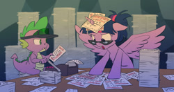 Size: 1280x681 | Tagged: safe, artist:carnifex, artist:siansaar, character:spike, character:twilight sparkle, character:twilight sparkle (alicorn), species:alicorn, species:dragon, species:pony, g4, accessories, accounting, adding machine, alternate hairstyle, bipedal, clothing, desk, duo, featured on derpibooru, female, floppy ears, frown, glare, glasses, hair bun, hat, horn impalement, horse taxes, machine, male, mare, open mouth, paper, pile, sitting, spread wings, stressed, table, taxes, this will end in sleeping, visor, wings
