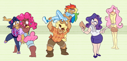 Size: 2700x1300 | Tagged: safe, artist:mikkybe, character:applejack, character:fluttershy, character:pinkie pie, character:rainbow dash, character:rarity, character:twilight sparkle, species:human, g4, applejack's hat, barefoot, boots, cheek squish, clothing, cowboy hat, dark skin, feet, flannel shirt, flats, freckles, hat, humanized, measuring tape, missing shoes, overalls, rainbow dash is not amused, shoes, skirt, sneakers, socks, species swap, squishy cheeks, stetson, stocking feet, stockings, sweater, sweater vest, sweatershy, tan skin, thigh highs, tracksuit, unamused, zettai ryouiki