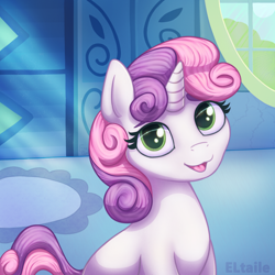 Size: 3000x3000 | Tagged: safe, artist:eltaile, character:sweetie belle, species:pony, species:unicorn, g4, blep, broken window, carpet, crepuscular rays, cute, cutie mark crusaders, dawwww, diasweetes, female, high res, horn, indoors, looking at you, open mouth, sitting, solo, tongue out, window