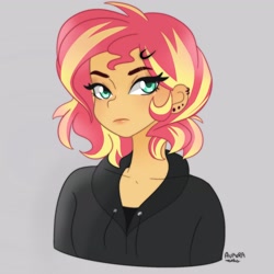 Size: 2048x2048 | Tagged: safe, artist:enbystarly, artist:twiskielulamoon, character:sunset shimmer, species:human, g4, my little pony:equestria girls, alternate hairstyle, bust, clothing, ear piercing, earring, eyelashes, female, frown, gray background, hoodie, jewelry, piercing, short hair, signature, simple background, solo