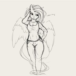 Size: 4000x4000 | Tagged: safe, artist:miokomata, character:fluttershy, species:anthro, species:pegasus, g4, breasts, cleavage, female, freckles, freckleshy, gray background, grayscale, hand, hand on hip, hips, mare, monochrome, simple background, sketch, solo