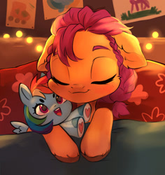 Size: 2196x2330 | Tagged: safe, artist:sofiko-ko, character:rainbow dash, character:sunny starscout, species:earth pony, species:pony, g5, bed, braid, cute, dashabetes, eyes closed, floppy ears, high res, light, plushie, sleeping, solo, sunnybetes, toy, unshorn fetlocks, younger
