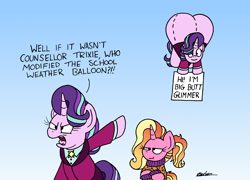 Size: 2812x2025 | Tagged: safe, artist:bobthedalek, character:luster dawn, character:starlight glimmer, species:pony, species:unicorn, g4, angry, balloon, bart's comet, butt, clothing, crossover, daughter, daughters gonna daughter, female, funny, funny as hell, glimmer glutes, headmare starlight, implied trixie, luster dawn is starlight's and sunburst's daughter, mare, mother, mother and child, mother and daughter, older, older starlight glimmer, parent and child, prank, sign, simpsons did it, smug, starlight is not amused, sweater, the simpsons, this will end in detention, unamused, weather balloon