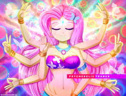 Size: 1860x1420 | Tagged: safe, artist:the-butch-x, character:fluttershy, species:human, g4, my little pony:equestria girls, accessories, bandeau, bare shoulders, belly button, blushing, bracelet, breasts, busty fluttershy, cleavage, clothing, double peace sign, eyes closed, geode of fauna, goddess, hinduism, jewelry, magical geodes, midriff, multiple arms, peace sign, psychedelic, sleeveless, smiling, solo, strapless, third eye, vishnu