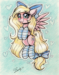 Size: 2568x3256 | Tagged: safe, artist:dandy, oc, oc only, oc:bay breeze, species:pegasus, species:pony, g4, blep, blushing, bow, clothing, colored pencil drawing, cute, female, flying, high res, pegasus oc, signature, simple background, socks, solo, striped socks, tongue out, traditional art, wingding eyes, wings