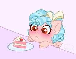 Size: 1200x943 | Tagged: safe, artist:cloudberry_mess, character:cozy glow, species:pegasus, species:pony, g4, blushing, bow, cake, chibi, commission, curly mane, eyes on the prize, filly, food, frosting, hair bow, slice of cake, solo, spread wings, strawberry, strawberry cake, wings, ych result, young