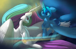 Size: 7200x4700 | Tagged: safe, artist:auroriia, character:princess celestia, character:princess luna, species:alicorn, species:pony, g4, absurd resolution, crying, cutie mark, duo, duo female, ethereal mane, female, mare, royal sisters, sisters, spread wings, wings
