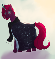 Size: 1737x1866 | Tagged: safe, artist:temp, character:fizzlepop berrytwist, species:pony, species:unicorn, g4, my little pony: the movie (2017), alternate universe, augmented, broken horn, cloak, clothing, female, glasses, horn, mare, prosthetics, scarf, solo
