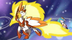 Size: 900x500 | Tagged: safe, artist:corrumi, character:daybreaker, character:princess celestia, species:alicorn, species:pony, g4, crown, eyes closed, female, jewelry, mare, necklace, peytral, pose, regalia, smiling, smirk