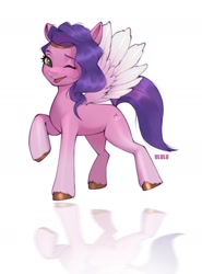 Size: 1492x2021 | Tagged: safe, artist:u_lu_lu, character:pipp petals, species:pegasus, species:pony, g5, cutie mark, female, flying, mare, one eye closed, one leg raised, open mouth, pipp wings, reflection, solo, wings, wink