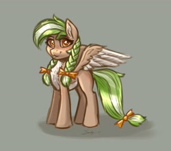 Size: 2806x2480 | Tagged: safe, artist:dandy, oc, oc only, oc:sylvia evergreen, species:pegasus, species:pony, g4, blushing, braided pigtails, female, freckles, gray background, looking at you, mare, pigtails, ribbon, simple background, smiling, solo, tail, twintails