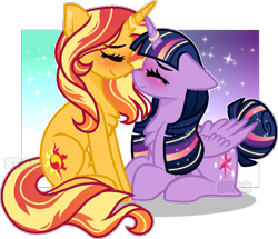 Size: 898x773 | Tagged: safe, artist:star-gaze-pony, character:sunset shimmer, character:twilight sparkle, character:twilight sparkle (alicorn), species:alicorn, species:pony, ship:sunsetsparkle, g4, blushing, female, horn, horn jewelry, horn ring, jewelry, lesbian, lying down, nuzzling, shipping