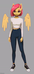 Size: 1200x2606 | Tagged: safe, artist:mrscroup, character:fluttershy, species:anthro, species:pegasus, species:plantigrade anthro, g4, alternate hairstyle, clothing, colored eyebrows, converse, ear fluff, floating wings, gray background, jeans, pants, s, shoes, short hair, simple background, sneakers, wings
