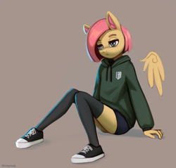 Size: 2100x2006 | Tagged: safe, artist:mrscroup, character:fluttershy, species:anthro, species:pegasus, species:plantigrade anthro, g4, alternate hairstyle, clothing, colored eyebrows, converse, ear fluff, floating wings, gray background, hoodie, pants, shoes, short hair, simple background, sitting, sneakers, socks, stockings, thigh highs, wings